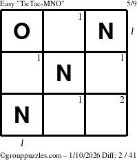 The grouppuzzles.com Easy TicTac-MNO puzzle for Saturday January 10, 2026 with all 2 steps marked