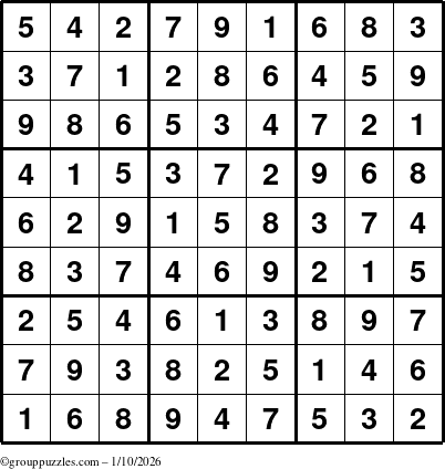 The grouppuzzles.com Answer grid for the Sudoku puzzle for Saturday January 10, 2026