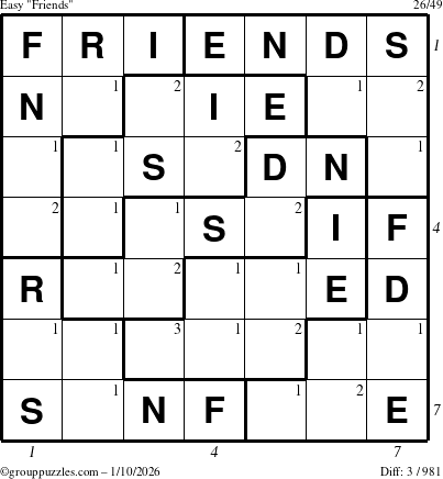 The grouppuzzles.com Easy Friends puzzle for Saturday January 10, 2026 with all 3 steps marked