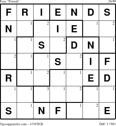 The grouppuzzles.com Easy Friends puzzle for Saturday January 10, 2026 with the first 3 steps marked