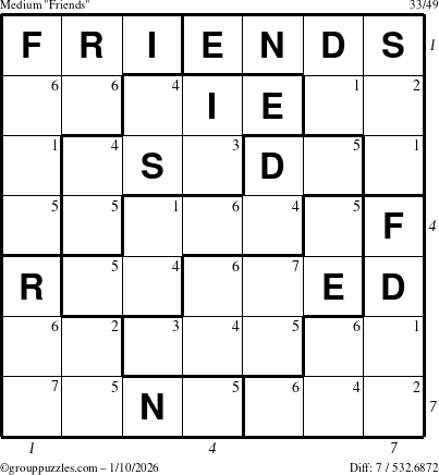 The grouppuzzles.com Medium Friends puzzle for Saturday January 10, 2026 with all 7 steps marked
