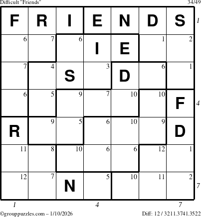 The grouppuzzles.com Difficult Friends puzzle for Saturday January 10, 2026 with all 12 steps marked