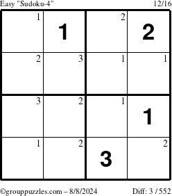 The grouppuzzles.com Easy Sudoku-4 puzzle for Thursday August 8, 2024 with the first 3 steps marked