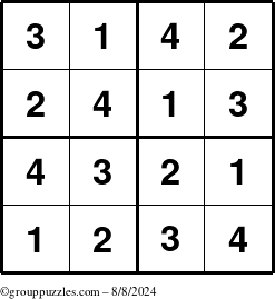 The grouppuzzles.com Answer grid for the Sudoku-4 puzzle for Thursday August 8, 2024