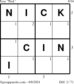 The grouppuzzles.com Easy Nick puzzle for Thursday August 8, 2024 with all 2 steps marked