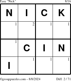 The grouppuzzles.com Easy Nick puzzle for Thursday August 8, 2024 with the first 2 steps marked