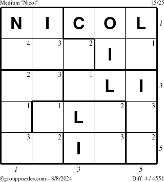 The grouppuzzles.com Medium Nicol puzzle for Thursday August 8, 2024 with all 4 steps marked