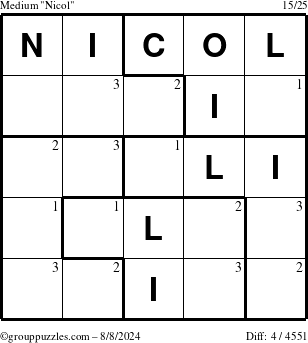 The grouppuzzles.com Medium Nicol puzzle for Thursday August 8, 2024 with the first 3 steps marked