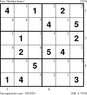 The grouppuzzles.com Easy Sudoku-Junior puzzle for Thursday August 8, 2024 with all 4 steps marked