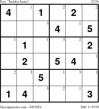 The grouppuzzles.com Easy Sudoku-Junior puzzle for Thursday August 8, 2024 with the first 3 steps marked