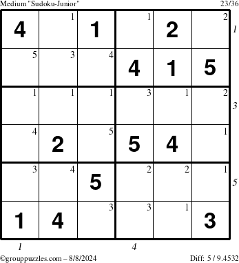 The grouppuzzles.com Medium Sudoku-Junior puzzle for Thursday August 8, 2024 with all 5 steps marked