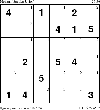 The grouppuzzles.com Medium Sudoku-Junior puzzle for Thursday August 8, 2024 with the first 3 steps marked