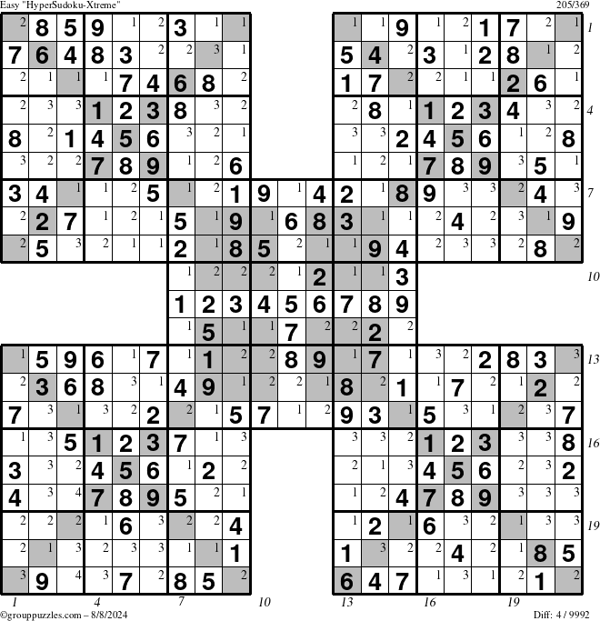 The grouppuzzles.com Easy cover-HyperXtreme puzzle for Thursday August 8, 2024 with all 4 steps marked