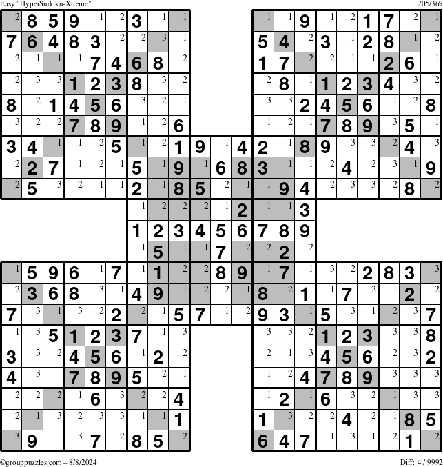 The grouppuzzles.com Easy cover-HyperXtreme puzzle for Thursday August 8, 2024 with the first 3 steps marked