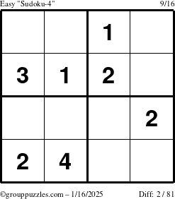 The grouppuzzles.com Easy Sudoku-4 puzzle for Thursday January 16, 2025