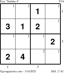 The grouppuzzles.com Easy Sudoku-4 puzzle for Thursday January 16, 2025 with all 2 steps marked