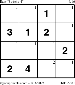 The grouppuzzles.com Easy Sudoku-4 puzzle for Thursday January 16, 2025 with the first 2 steps marked