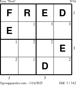 The grouppuzzles.com Easy Fred puzzle for Thursday January 16, 2025 with all 3 steps marked