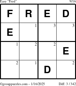 The grouppuzzles.com Easy Fred puzzle for Thursday January 16, 2025 with the first 3 steps marked