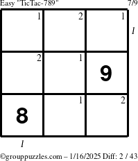 The grouppuzzles.com Easy TicTac-789 puzzle for Thursday January 16, 2025 with all 2 steps marked