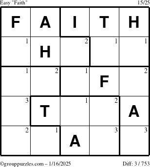 The grouppuzzles.com Easy Faith puzzle for Thursday January 16, 2025 with the first 3 steps marked