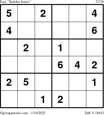 The grouppuzzles.com Easy Sudoku-Junior puzzle for Thursday January 16, 2025