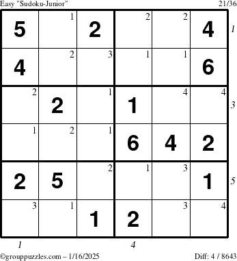 The grouppuzzles.com Easy Sudoku-Junior puzzle for Thursday January 16, 2025 with all 4 steps marked