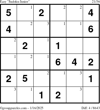 The grouppuzzles.com Easy Sudoku-Junior puzzle for Thursday January 16, 2025 with the first 3 steps marked