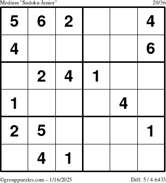 The grouppuzzles.com Medium Sudoku-Junior puzzle for Thursday January 16, 2025