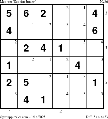 The grouppuzzles.com Medium Sudoku-Junior puzzle for Thursday January 16, 2025 with all 5 steps marked