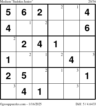 The grouppuzzles.com Medium Sudoku-Junior puzzle for Thursday January 16, 2025 with the first 3 steps marked