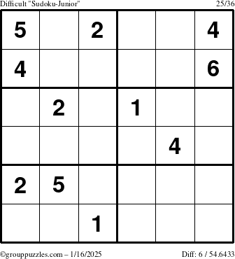 The grouppuzzles.com Difficult Sudoku-Junior puzzle for Thursday January 16, 2025