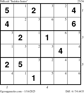 The grouppuzzles.com Difficult Sudoku-Junior puzzle for Thursday January 16, 2025 with all 6 steps marked