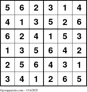 The grouppuzzles.com Answer grid for the Sudoku-Junior puzzle for Thursday January 16, 2025