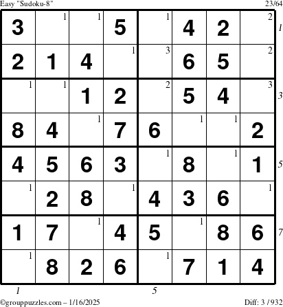 The grouppuzzles.com Easy Sudoku-8 puzzle for Thursday January 16, 2025 with all 3 steps marked