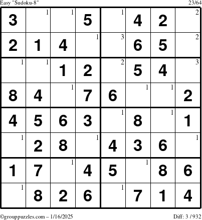 The grouppuzzles.com Easy Sudoku-8 puzzle for Thursday January 16, 2025 with the first 3 steps marked