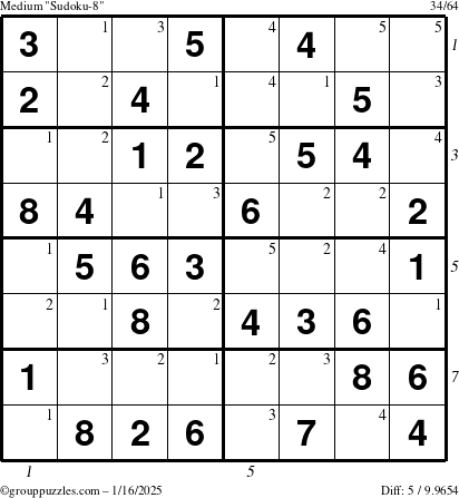 The grouppuzzles.com Medium Sudoku-8 puzzle for Thursday January 16, 2025 with all 5 steps marked