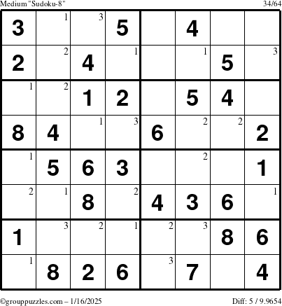 The grouppuzzles.com Medium Sudoku-8 puzzle for Thursday January 16, 2025 with the first 3 steps marked