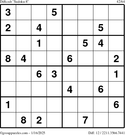 The grouppuzzles.com Difficult Sudoku-8 puzzle for Thursday January 16, 2025