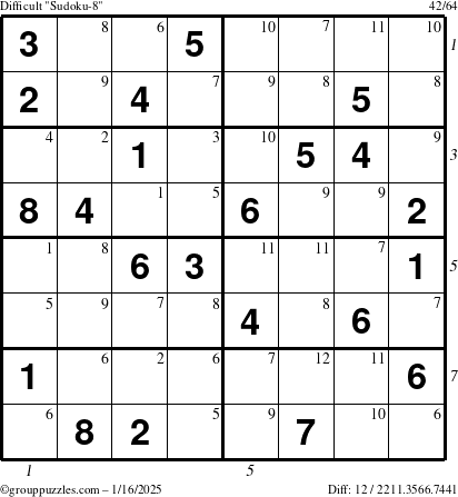 The grouppuzzles.com Difficult Sudoku-8 puzzle for Thursday January 16, 2025 with all 12 steps marked