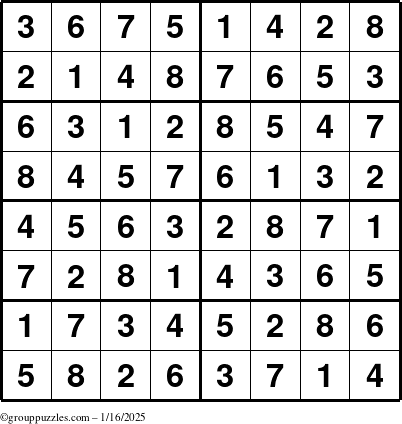 The grouppuzzles.com Answer grid for the Sudoku-8 puzzle for Thursday January 16, 2025