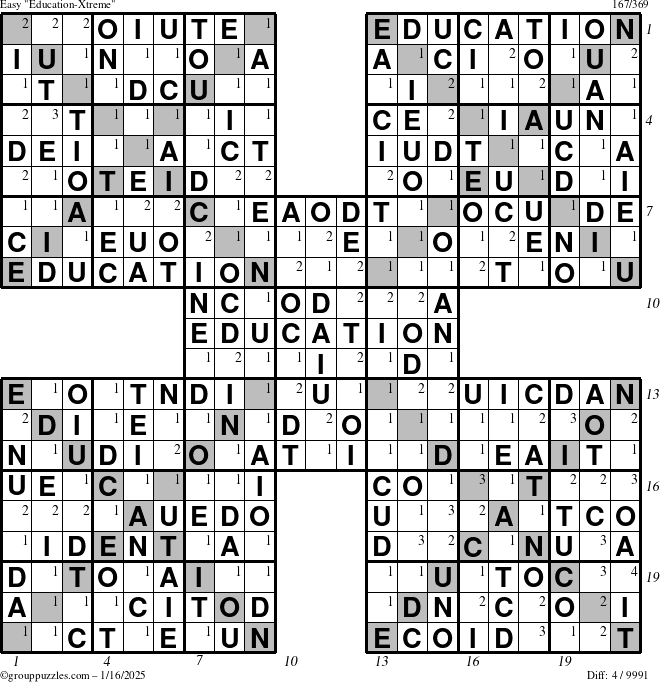 The grouppuzzles.com Easy Education-Xtreme puzzle for Thursday January 16, 2025 with all 4 steps marked