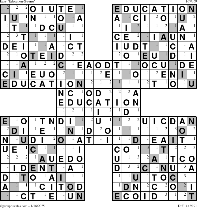 The grouppuzzles.com Easy Education-Xtreme puzzle for Thursday January 16, 2025 with the first 3 steps marked