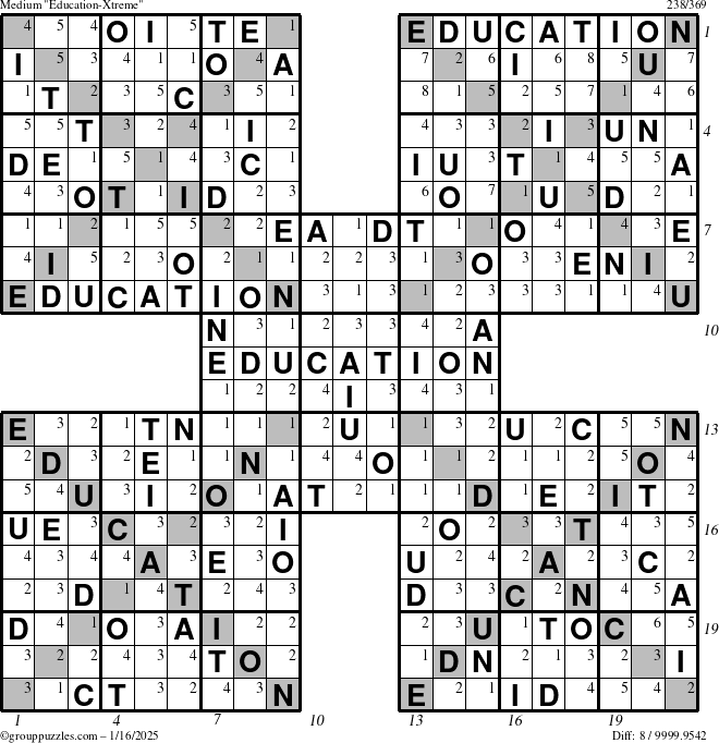 The grouppuzzles.com Medium Education-Xtreme puzzle for Thursday January 16, 2025, suitable for printing, with all 8 steps marked