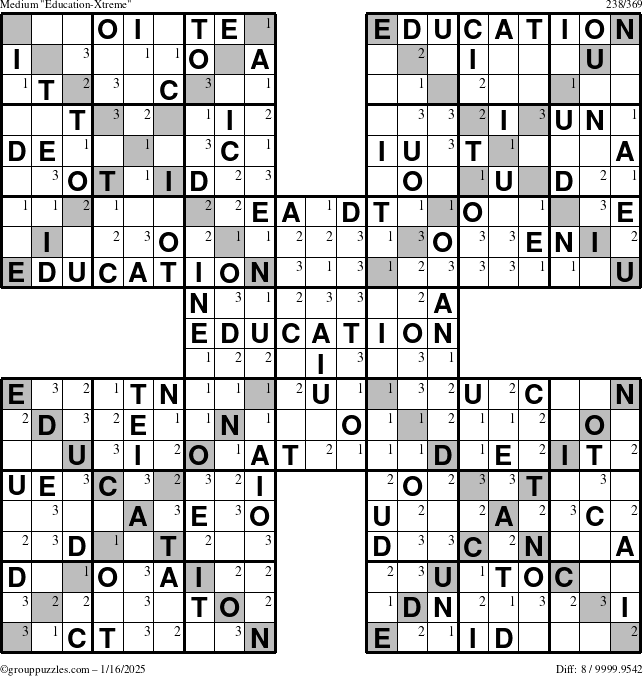 The grouppuzzles.com Medium Education-Xtreme puzzle for Thursday January 16, 2025 with the first 3 steps marked