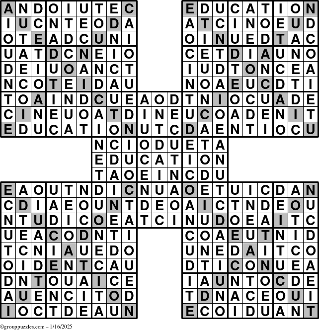 The grouppuzzles.com Answer grid for the Education-Xtreme puzzle for Thursday January 16, 2025