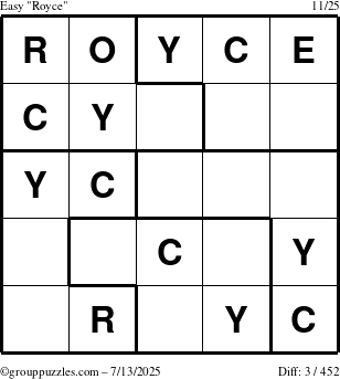 The grouppuzzles.com Easy Royce puzzle for Sunday July 13, 2025