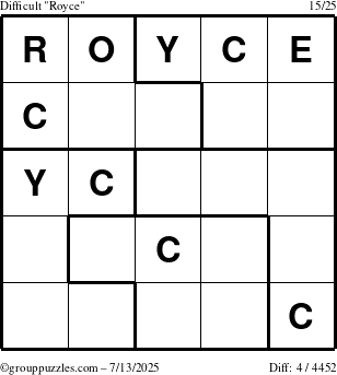 The grouppuzzles.com Difficult Royce puzzle for Sunday July 13, 2025