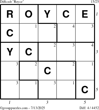 The grouppuzzles.com Difficult Royce puzzle for Sunday July 13, 2025 with all 4 steps marked