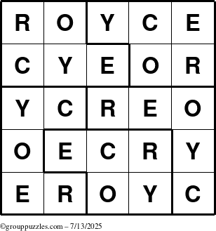 The grouppuzzles.com Answer grid for the Royce puzzle for Sunday July 13, 2025